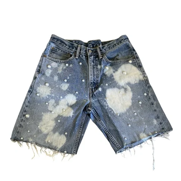 Levi’s Cutoff Reworked Denim Shorts | Y2K Design Pearl Studs Bleach Splatter - Picture 2 of 8
